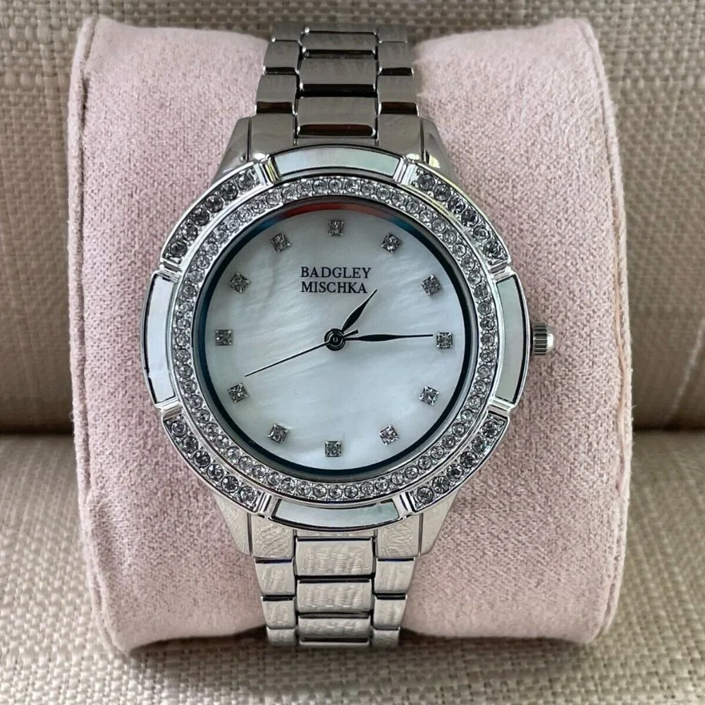 Badgley Mischka Ladies Watch Silver Tone Crystals Accent Analog Quartz Watch Box - Picture 5 of 12